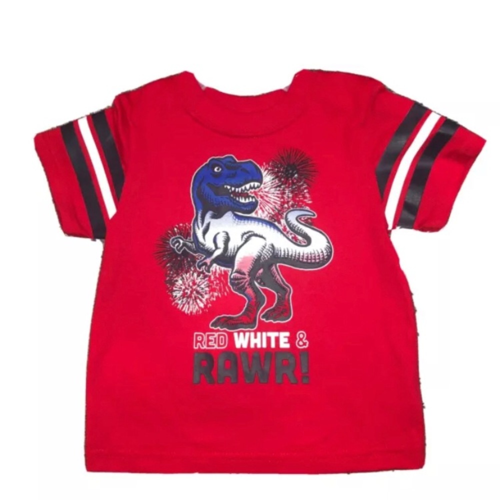 Patriotic Toddler Boys 2T Red Dinosaur With Fireworks T-Shirt 🇺🇸💥